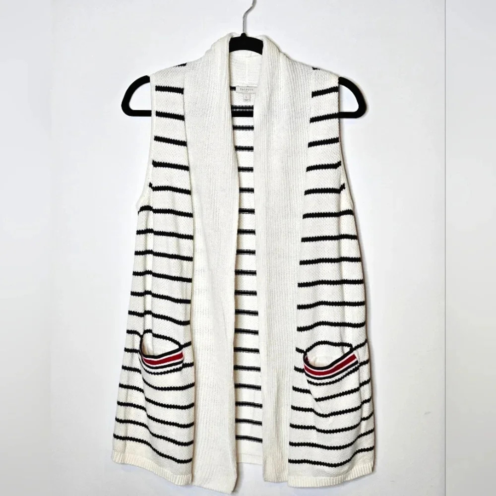 Talbots Striped Cotton Knit Cardigan Vest with Pockets Womens Small‎